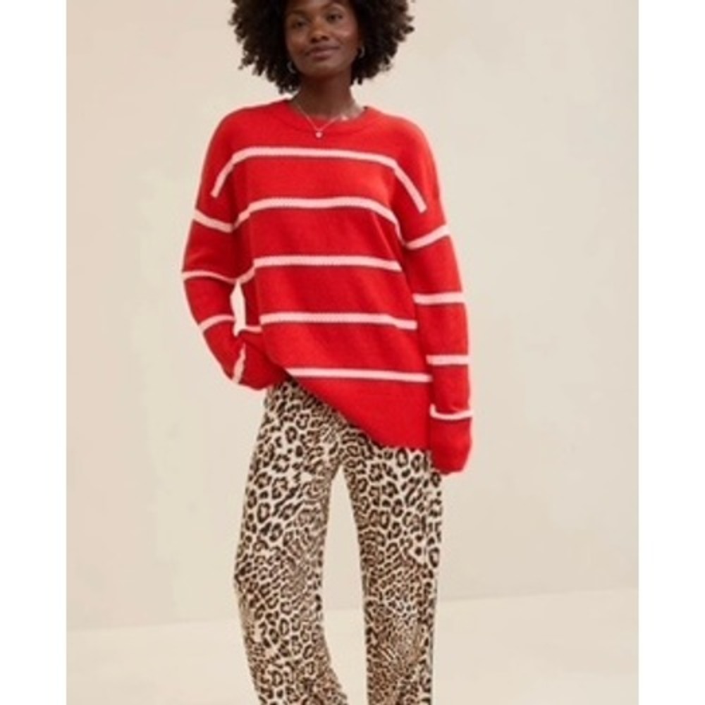 Aerie Striped Crewneck Sweater S Red White‎ Knit Oversized Fisherman Preppy NEW